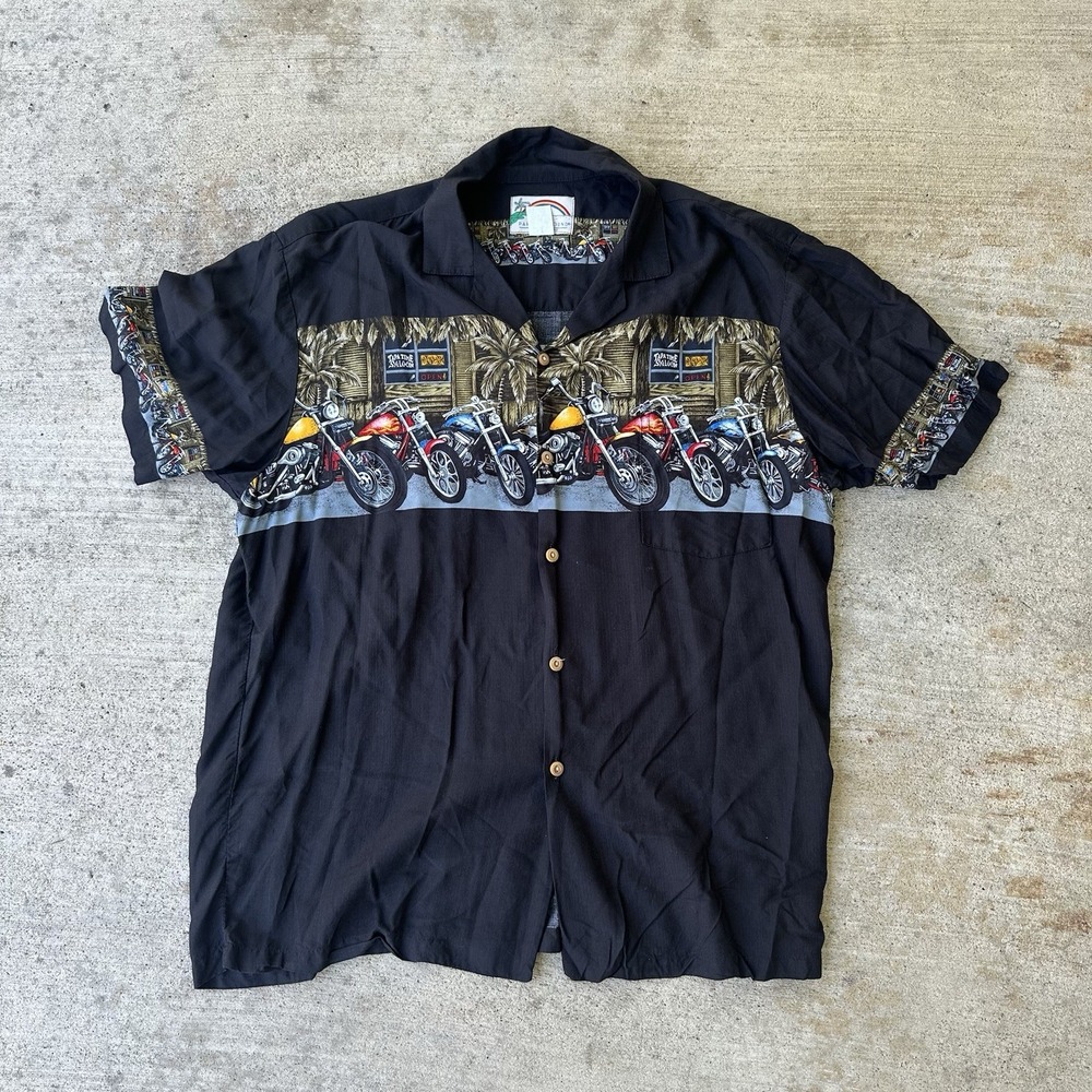 Vintage Paradise Found Men's Motorcycle Tiki Bar Hawaiian Rayon Shirt Large